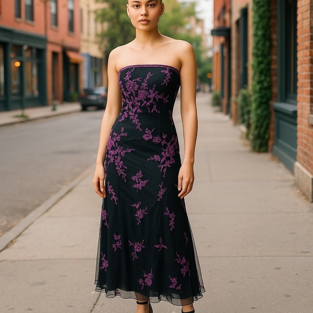 Cache Black Strapless Maxi Dress with Purple Floral Embroidery